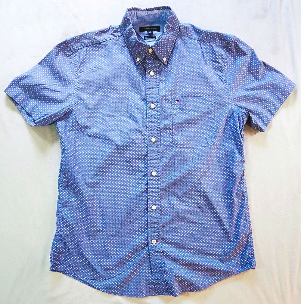 Tommy Hilfiger Men's Shirt L Blue Geometric Short Sleeve Button Down Stretch